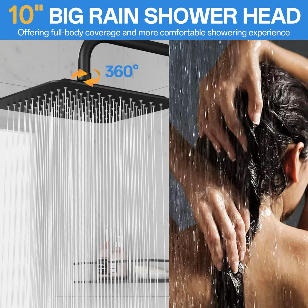 High Pressure Rainfall Shower Head with Handheld Combo: Upgrade Dual Shower Head with 10 Inch Fixed Rain Showerhead and 7 Sprays Handheld Shower Head, Adjustable Height (Up to 13.4"), 71" Hose (MB)