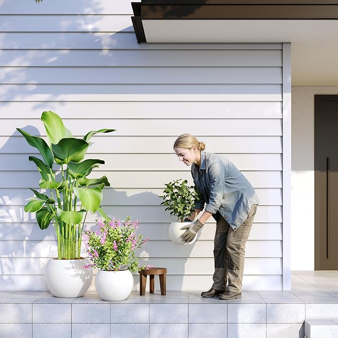 DTY Signature Mount Sherman Modern Indoor Outdoor Fiberstone Sphere Planter, Durable Round Garden Pot, Weather Resistant, Drainage Hole & Rubber Plug, Planter for Christmas Tree - Medium, White