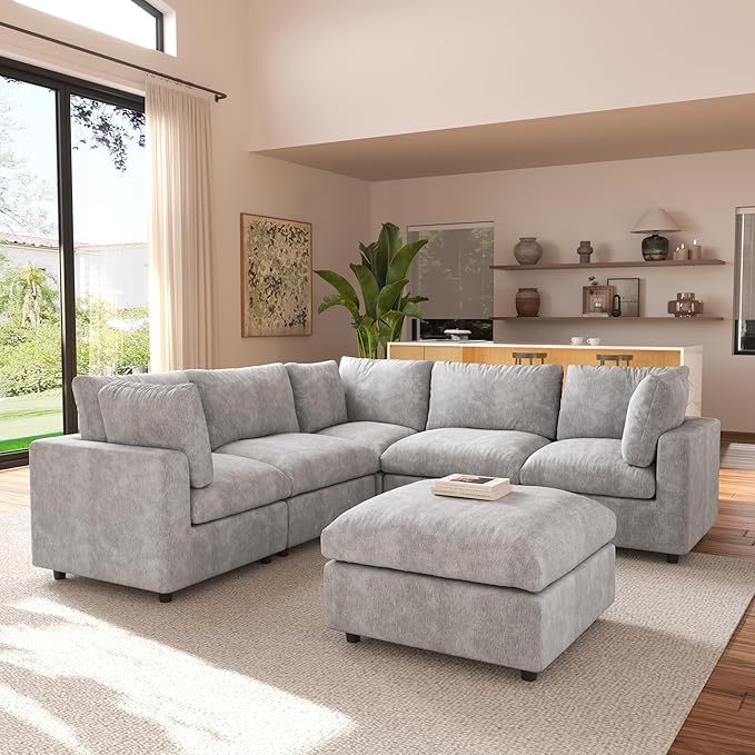 JACH V Shape Sectional Couches with Chaise Ottoman, Convertible Modular Sofa, Cloud Sectional Couch, Sofa Covers Washable, Minimalist Couch for Living Room, Apartment, Light Grey