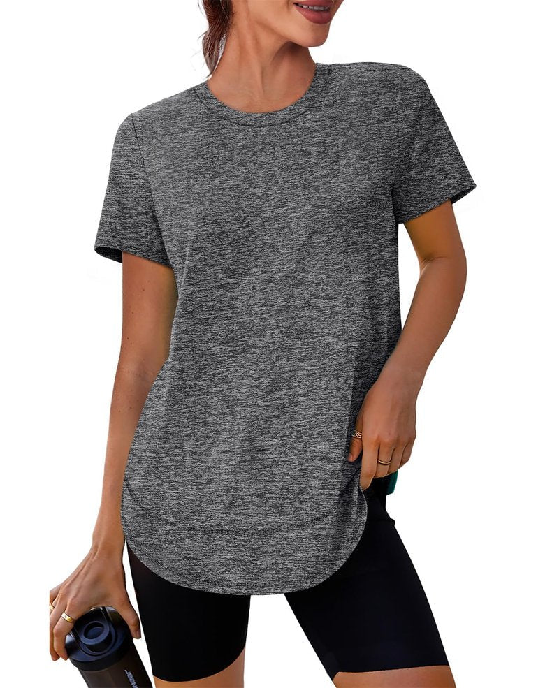 Spring Summer Tops for Women Short Sleeve Hiking Shirts Athleisure Golf Shirt Beach Fashion Curved Hem Loose Fit Grey XXL
