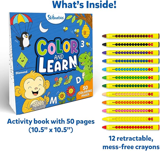 Skillmatics Color & Learn Activity Book – Letters, Numbers, Phonics & Shapes, 12 Retractable Mess-Free Crayons & 50 Pages, Educational Gift for Toddlers and Preschoolers Ages 3, 4, 5, 6