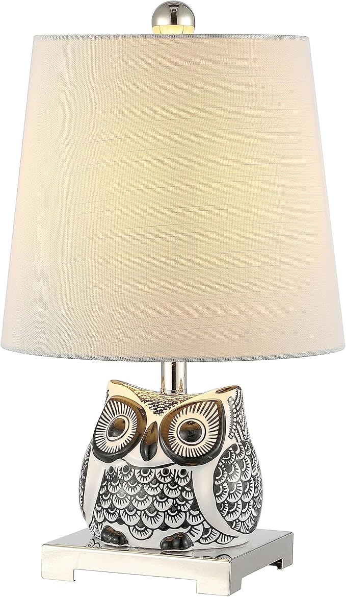 JONATHAN Y 16" Black/White Ceramic Owl Mini Table Lamp for Bedroom or Office, Modern Farmhouse Nightstand Lamp with White Linen Shade, LED Bulb Included (JYL3014C)