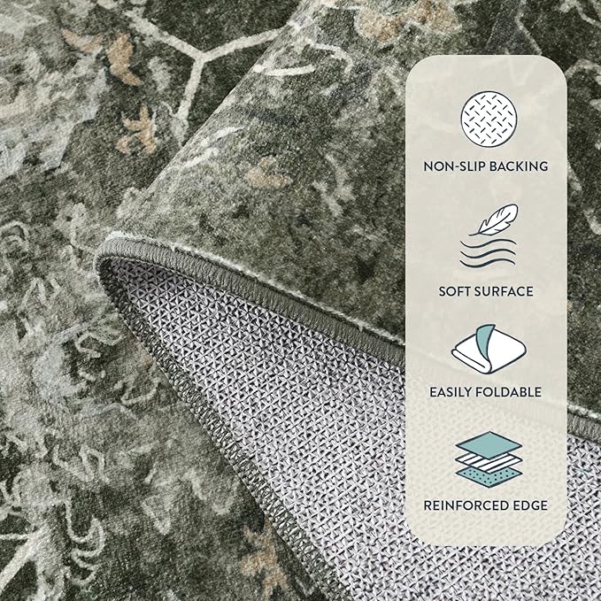 Lahome Boho Green Area Rugs 9x12 Living Room,Washable Large Rugs for Bedroom Aesthetic,Vintage Distressed Non Slip Low Pile Dining Room Rug Carpet for Home Office Playroom(9'x12',Green)