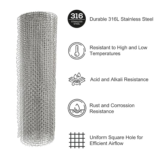 PATIKIL 40" L x 10" W Woven Wire Mesh, 8 Mesh 316L Stainless Steel Air Vent