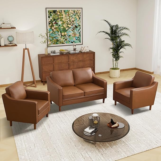 Kingfun Living Room Furniture Sets, 2 Armchair and Loveseat, Mid Century Modern Sofa Set, Faux Leather Couch with Solid Wood Frame for Living Room & Bedroom, Brown