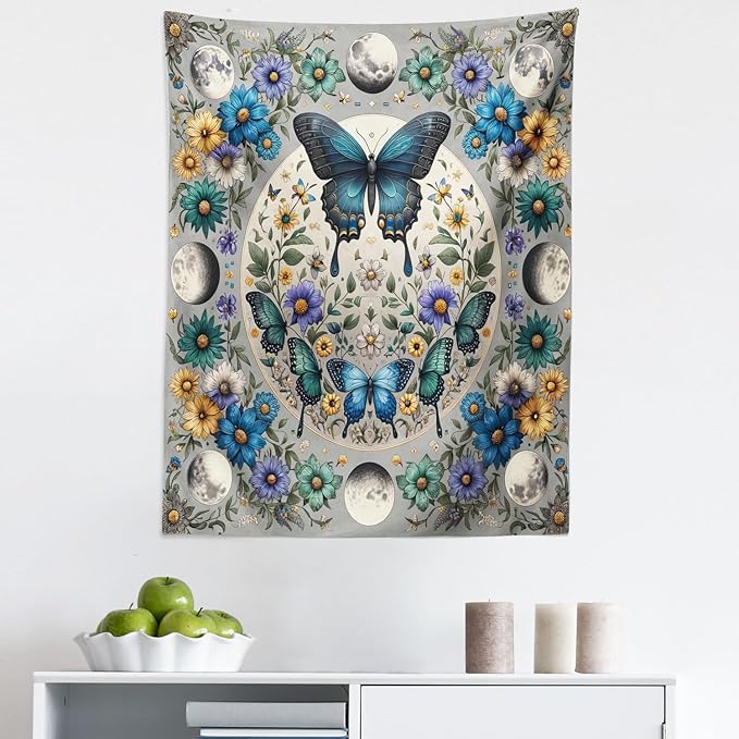 Ambesonne Boho Tapestry, Wreath of Colorful Flowers with Moon and Butterfly Pattern Witchy Scenery, Fabric Wall Hanging Decor for Bedroom Living Room Dorm, 23" X 28", Sea Blue Pale Grey Teal