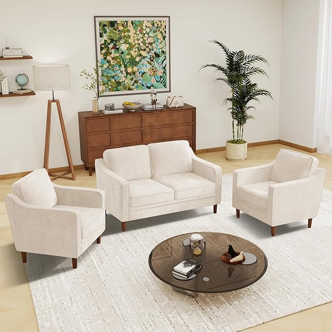 Kingfun Living Room Furniture Sets, 2 Armchair and Loveseat, Mid Century Modern Sofa Set, Chenille Couch with Solid Wood Frame for Living Room & Bedroom, Beige