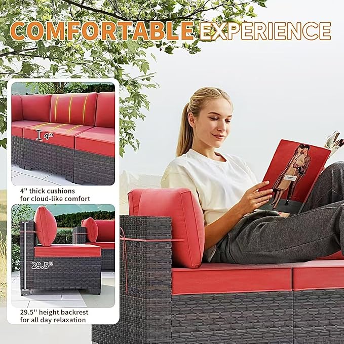 Gotland 13 Pieces Patio Furniture Set with Fire Pit Table Swivel Chairs, PE Rattan Outdoor Furniture Set with 29.5'' High Backrest 4’’ Thick Cushions Coffee Table, Patio Set for Porch, Deck, Red