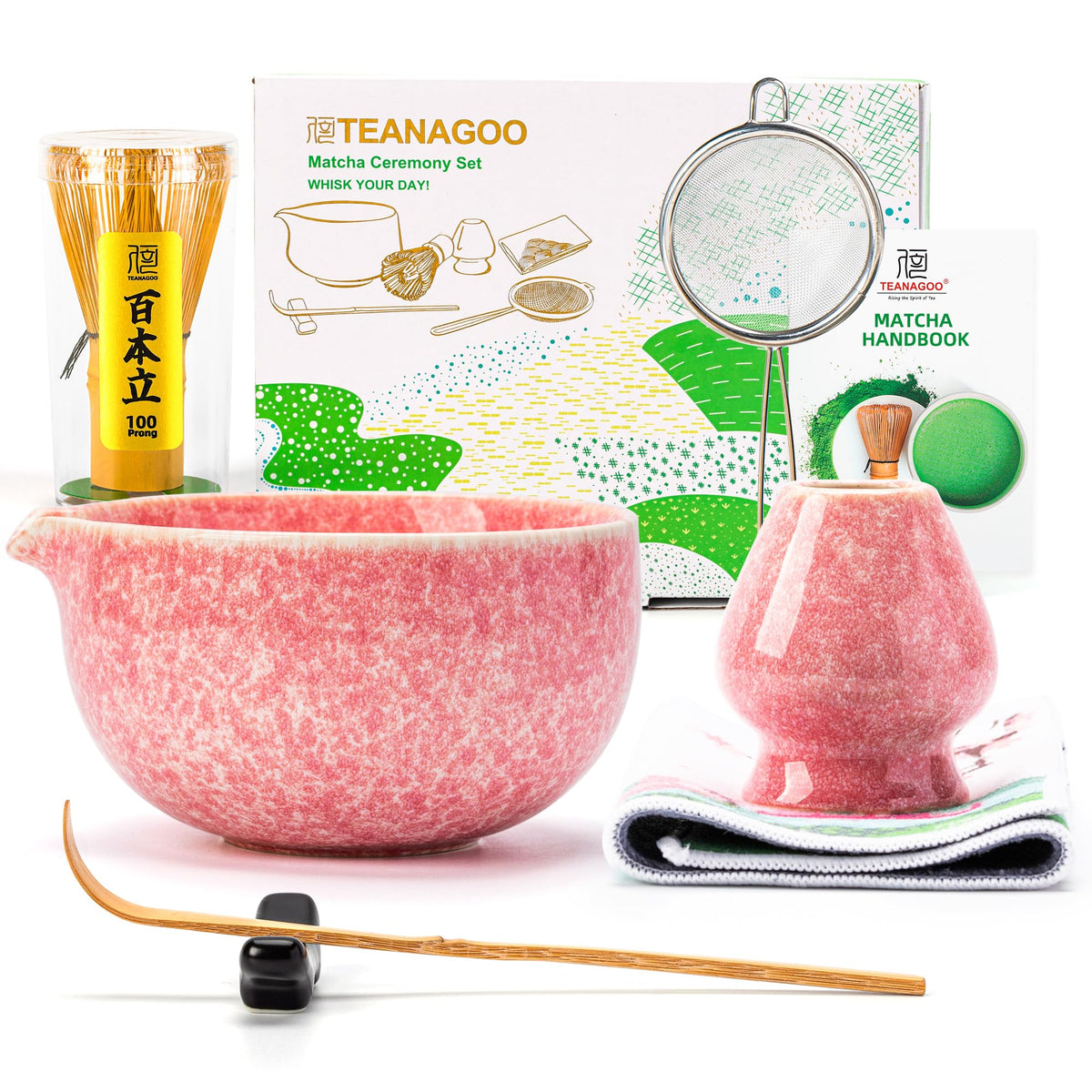 TEANAGOO Matcha Whisk Set Pink,Ceremony Matcha Set Kit Grident Pink,Matcha Tea Set for Making Breakfast/Latte,7 Pcs Matcha Whisk Set and Bowl with All Accessories,Gift for Family/Friend