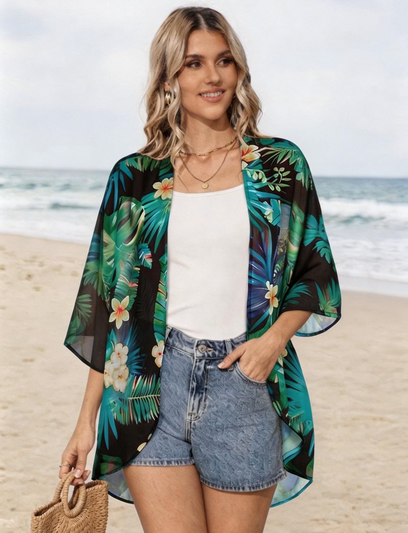 Summer Kimono Cardigan for Women Sheer Light Tops Casual Open Front Swimwear Shirts Beach Cover ups (Blackgreen,4XL)