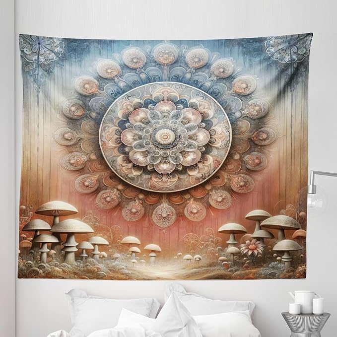 Ambesonne Hippie Tapestry King Size, Fantasy Vibes Mushroom Jungle with Oriental Vibes Mandal Print Peacock, Wall Hanging Bedspread Bed Cover Wall Decor, 104" X 88", Pale Ruby Blue Grey Ecru