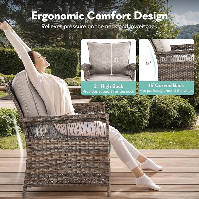 5 Pieces Wicker Patio Furniture Set - Hollow Widen Armrests Outdoor Rattan Chairs, 3 Seat Sofa with Coffee Table & Side Table, Small Patio Convention Set for Deck and Backyard - Brown/Beige