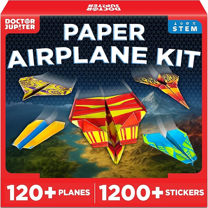 Doctor Jupiter Paper Airplane Book Kit for Kids Ages 6+ | Make & Fly 120+ Paper Airplanes with 1200+ Stickers | Birthday Gift Ideas for 6-7-8-9-10 Year Old Boys & Girls | STEM Airplane Toy, Craft Kit