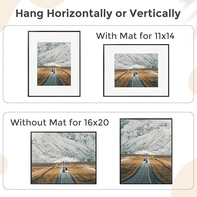 16x20 Metal Picture Frame For Wall With Mat For 11x14, 16''x20'' Aluminum Photo Frames With Tempered Glass For Home Decor, Minimalist Modern Poster Frame Horizontal And Vertical Formats, Black