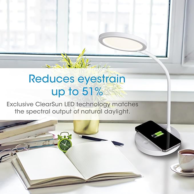OttLite Good Housekeeping Circular LED Desk Lamp with Wireless Charging - Designed to Reduce Eyestrain - Adjustable Neck Desk Lamp for College Dorm Room, Crafting, Reading, 3 Color Modes