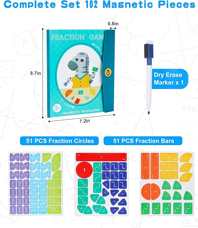 Magnetic Fraction Demonstration Book, 102 Pcs Magnetic Fraction Tiles & Circles Set for Kids, Fraction Manipulatives Montessori Math Games for Elementary School