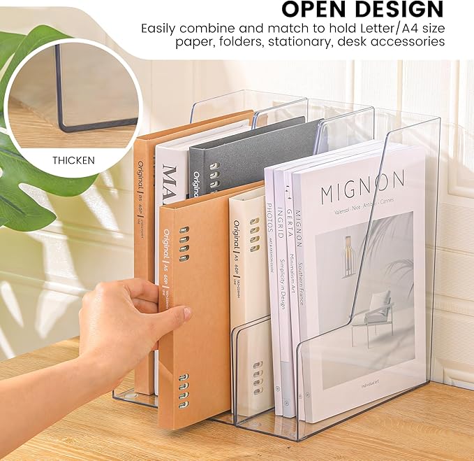 Vertical File Holder, Clear PET Desk Organizer and Storage Bins Holding for Magazines, Binders, Notebooks, Envelopes, Multi-purpose Plastic Document Organizer for Home Office, 4 pack