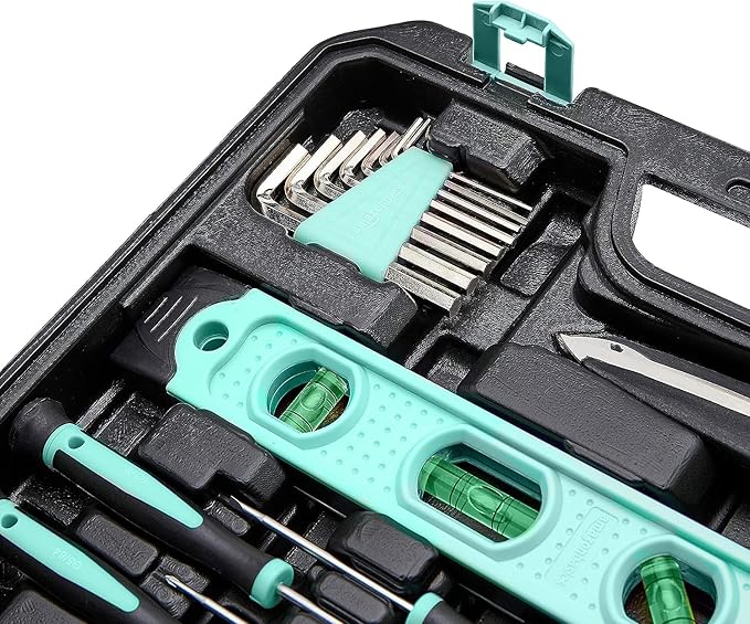 Amazon Basics 142-Piece Household Tool Kit for Home Repair,Hand Tools with Storage Case,13.39 x 9.25 x 2.95 inch,Turquoise,(Pack of 4)