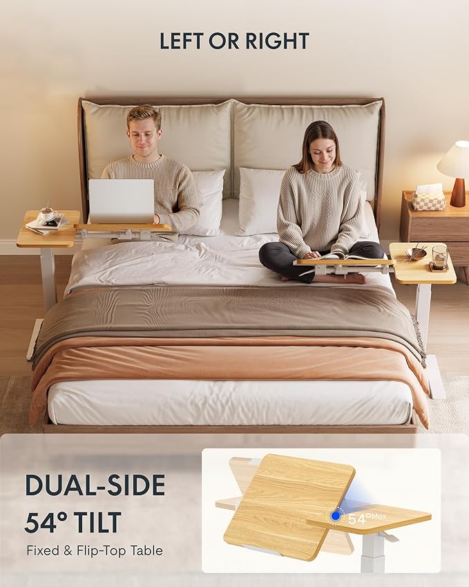 FLEXISPOT Adjustable Height C-Shaped End Table with Split Tilting Top – Mobile Side Table for Sofa & Bedside, Slides Under Furniture, Hidden Wheels for Small Spaces(31.6" W x 15.7" D,Maple)
