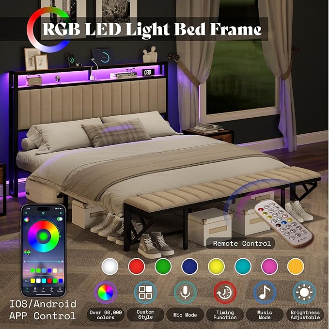Queen Bed Frame with Folding Bench and Charging Station, Velvet Upholstered Headboard with LED Light and Storage Shelf, Heavy Duty Metal Slats/No Box Spring Needed/Easy Assembly, Beige