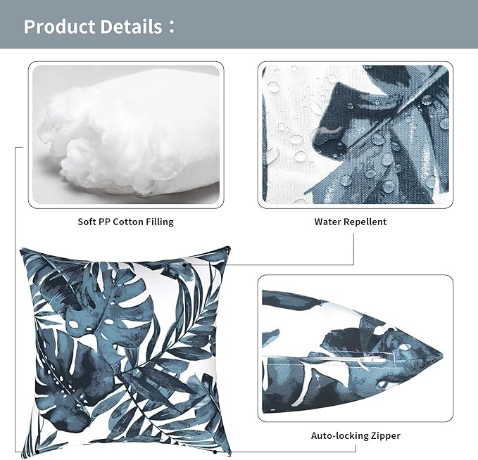 Outdoor Pillows for Patio Furniture 20x20 inch, Square Outdoor Throw Pillows with Inserts, Decorative Patio Pillows for Garden Couch Home Sofa Office Chair, Pack of 2, Palm Blue