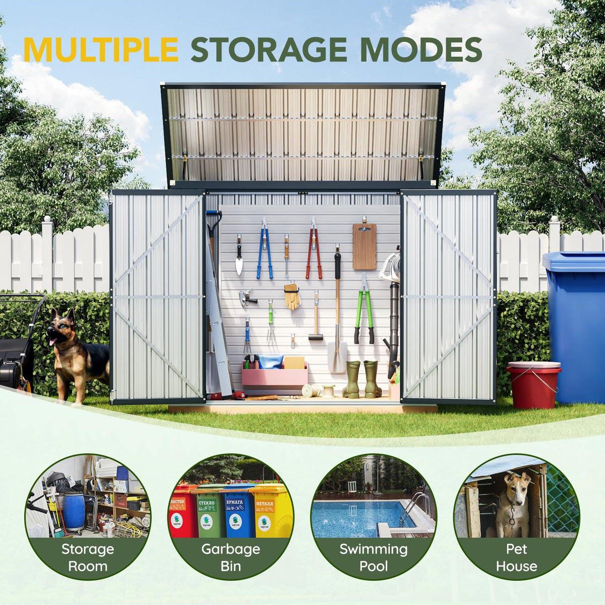 Grovellis Outdoor Trash Can Storage Shed 6x3 FT, Metal Garbage Bin Enclosure with Lift-Up Lid & Gas Strut, Lockable Double Doors, Sloped Roof Waterproof Steel Trash Can Cover for Backyard Patio Garden