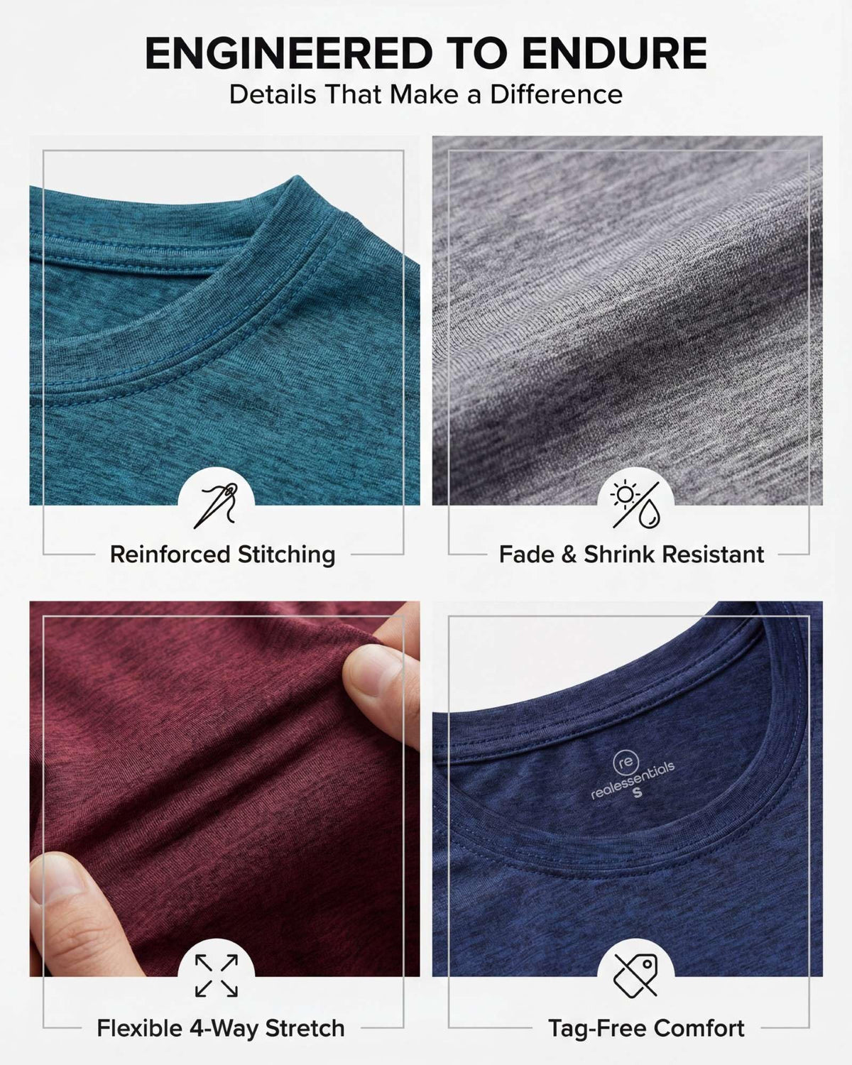 Real Essentials 5 Pack: Men's Dry-Fit Short Sleeve Crew Neck T Shirts Fitness Running Gym Workout Cool Exercise Athletic Tee, Set 9, Medium
