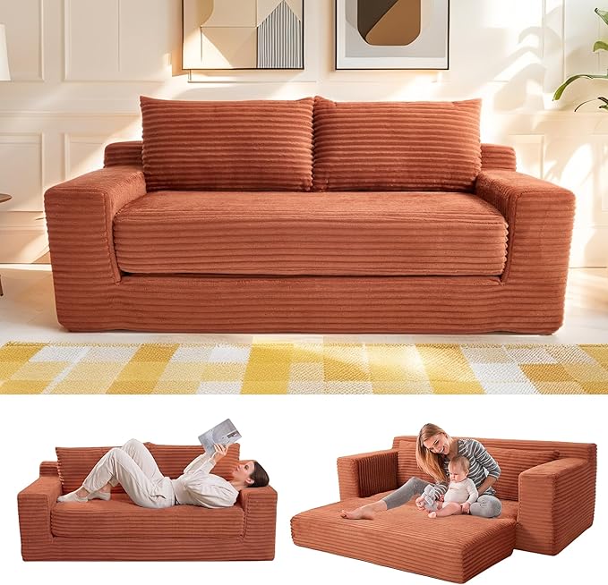 Fefances Loveseat Sofa Bed Boneless Couch, Convertible 2-in-1 Design, Corduroy Fabric - Compact Memory Foam Couch for Small Spaces, Apartments, Home Office & Bedroom（Orange）