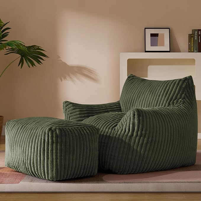 Oversized Bean Bag Chaise Lounge Chair Indoor for Adults with Armrests & Ottoman - Giant Comfy Green Beanbag Lazy Floor Sofa Cloud Accent Chair for Reading, Gaming, Cozy Plush Cloud Mini Couch