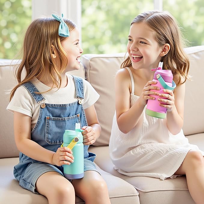 Kerilyn 12oz Kids Water Bottle, Stainless Steel Insulated Water Bottle for Kids, Toddler Cup with Straws Leak-Proof, Toddler Water Bottles for School Boys Girls, BPA Free, Cerulean