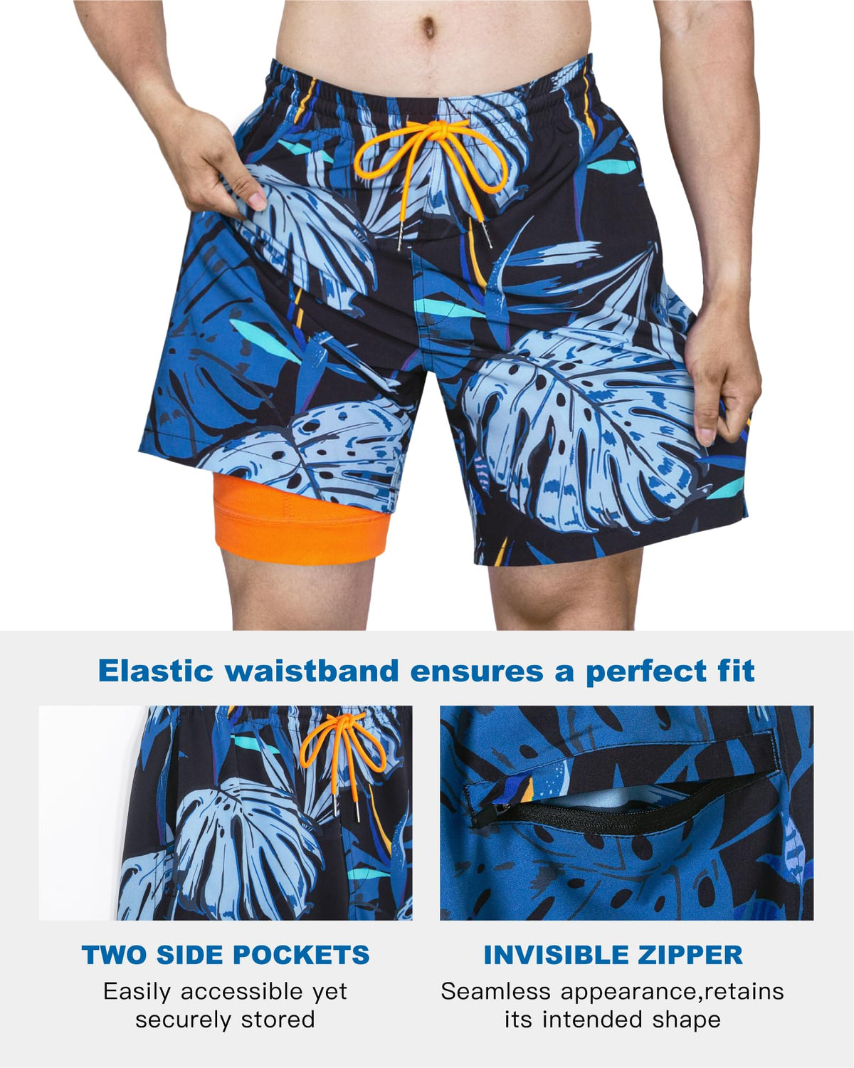 SURF CUZ Mens Swim Trunks with Compression Liner Quick Dry Swim Shorts 7" Swimming Trunks Stretch Bathing Suit Zipper Pockets,Surf Palms,XXL