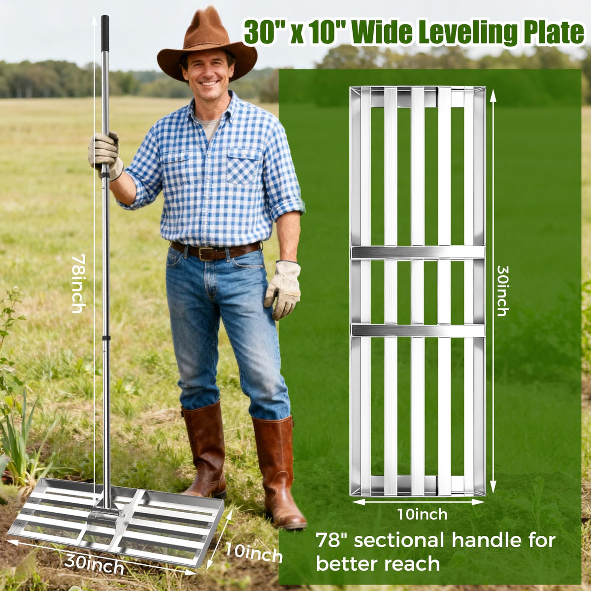 30" x 10" Lawn Leveling Rake, Heavy Duty 304 Stainless Steel Lawn Leveler
