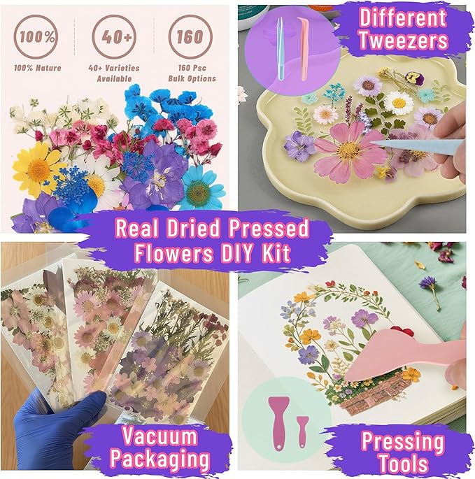 Tessera 160+ Pcs Real Pressed Flowers for Resin & Crafts - 4 Themed Dried Flower Sheets with 4-Piece DIY Tool Kit - for Resin Jewelry Making, Scrapbooking Supplies, Nail Art, Candle & DIY Gifts