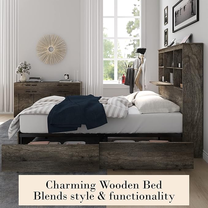 AMERLIFE King Size Bed Frame Wooden Platform Bed with 51.2" Storage LED Bookcase Headboard, 4 Storage Drawers & Charging Station/No Box Spring Needed/Noise Free/Rustic Grey