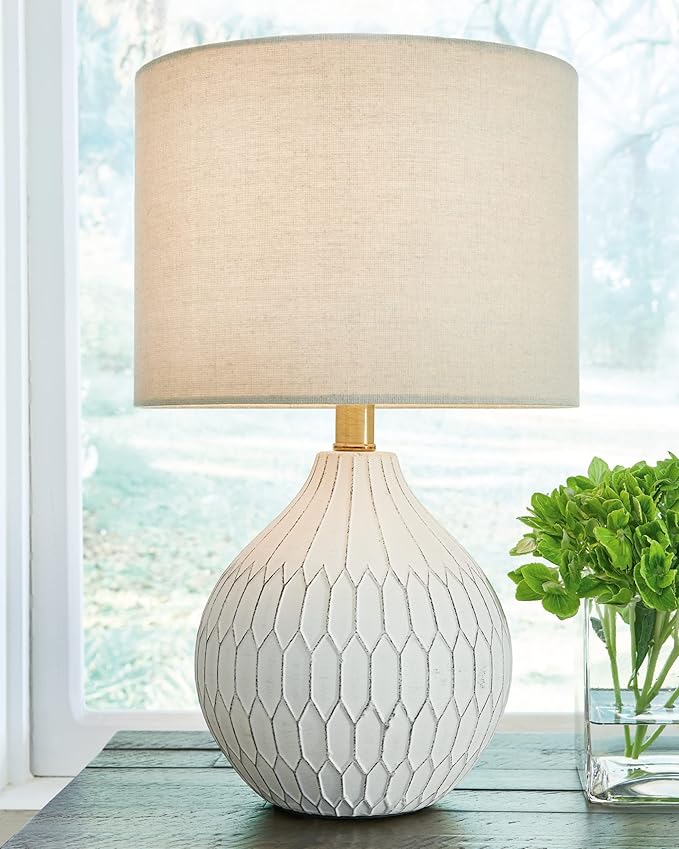 Signature Design by Ashley Wardmont Contemporary Modern Table Lamp with Drum Hardback Fabric Shade, On-Off Switch, Ceramic, 17.75" High, Antique White
