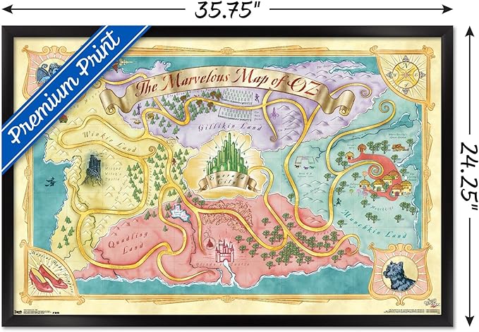 The Wizard Of Oz - Map Wall Poster, 34L" x 22.4W", Black Framed Version