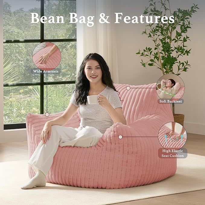 Giant Plush Bean Bag Chair for Adults with Armrests - Oversized Comfy Pink Beanbag Lounge Lazy Floor Sofa Accent Chair for Living Room, Bedroom & Dorm, Cozy Fluffy Single Cloud Mini Couch