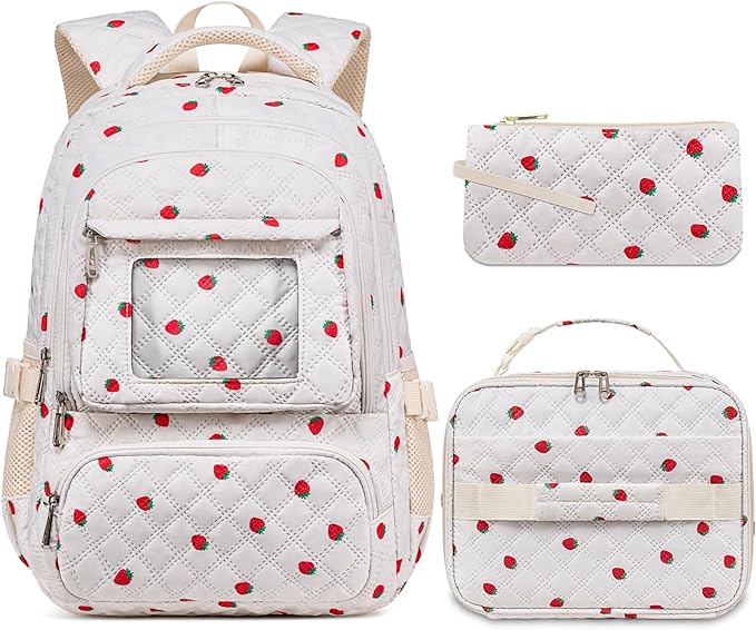 Beige Strawberry Backpack with Lunch Box for Girls Teens Kids for Age 6-8 8-10 10-12 Kawaii School Bag for Middle High School Primary Elementary Bookbag Mochila Para Niñas