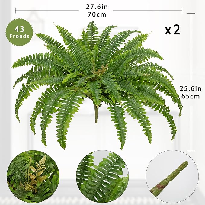 Ferns Artificial Plants 2 Pack Faux Ferns for Outdoor Planter Large Fake Ferns Look Real Artificial Ferns with 86 Fronds Hanging Boston Fern Fake Plant Shrubs for Home Farmhouse Garden Porch Decor