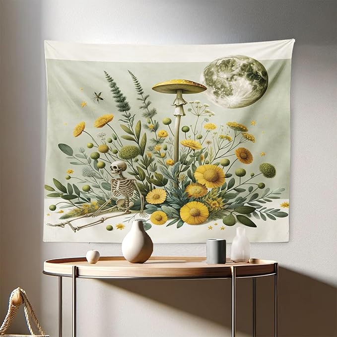 Ambesonne Trippy Tapestry, Bohemian Botany Feel Leafy Jungle Flowers with Skeleton and Moon Ornate, Fabric Wall Hanging Decor for Bedroom Living Room Dorm, 28" X 23", Pale Green Earth Yellow