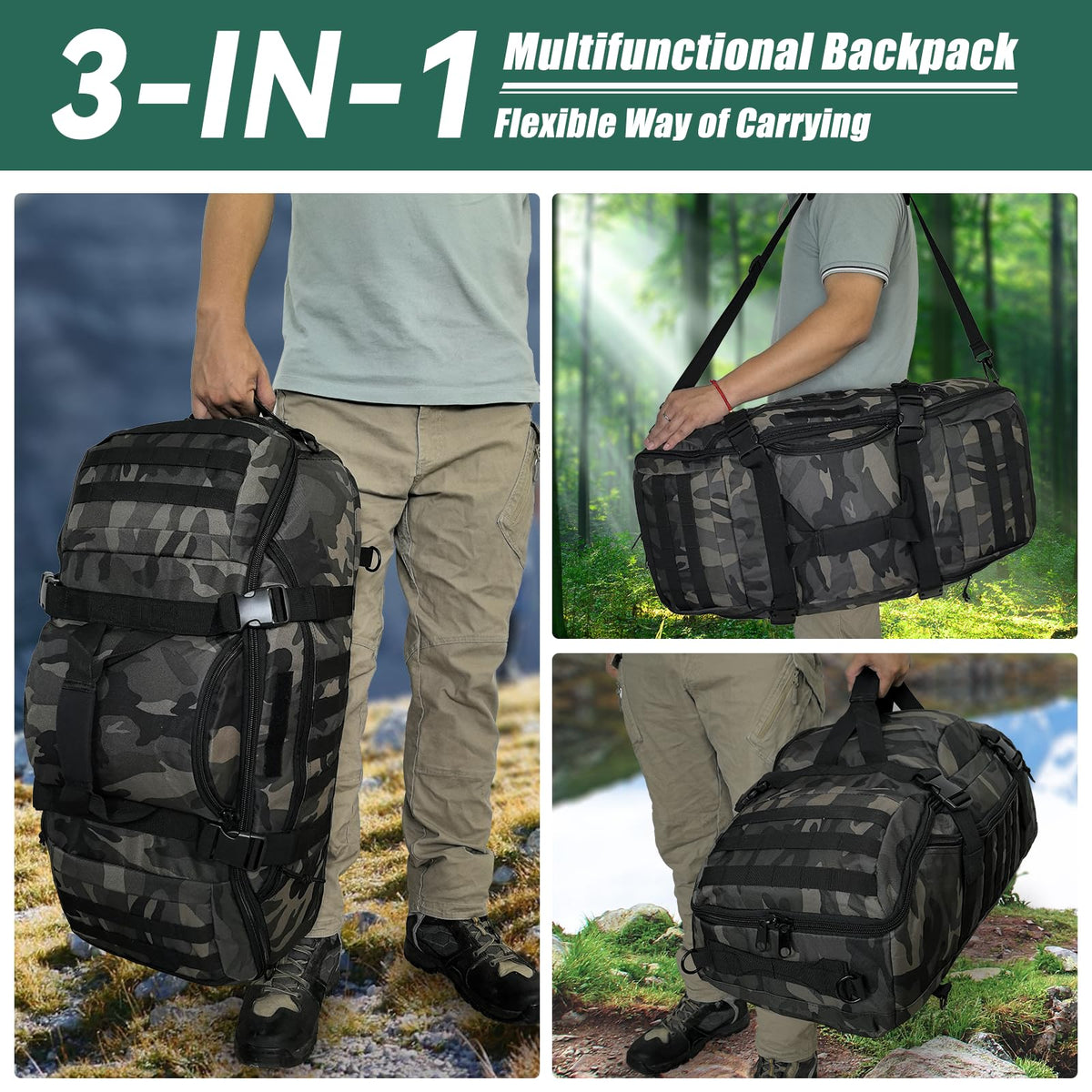 Hannibal Tactical 55L Large Duffle Bag, 3-in-1 Tactical Backpack MOLLE Pack for Gym, Sports, Outdoor, Black Camo