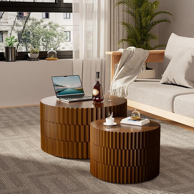 26.8" Round Coffee Table Set of 2 Wooden Nesting Coffee Tables Modern Circle Coffee Table Industrial Side Table Farmhouse Nesting Tables for Living Room Bedroom, Office (Walnut 26.8"+19.7")