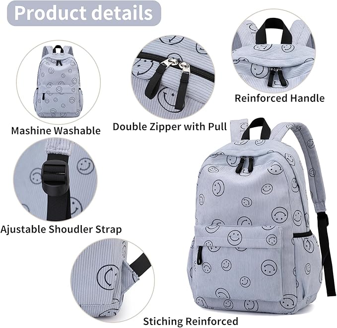 Backpack for Girls Boy Teen Corduroy Bookbags Elementary Middle High School Women Laptop Bag with Lunch Box Pencil Bag (Smile Blue)