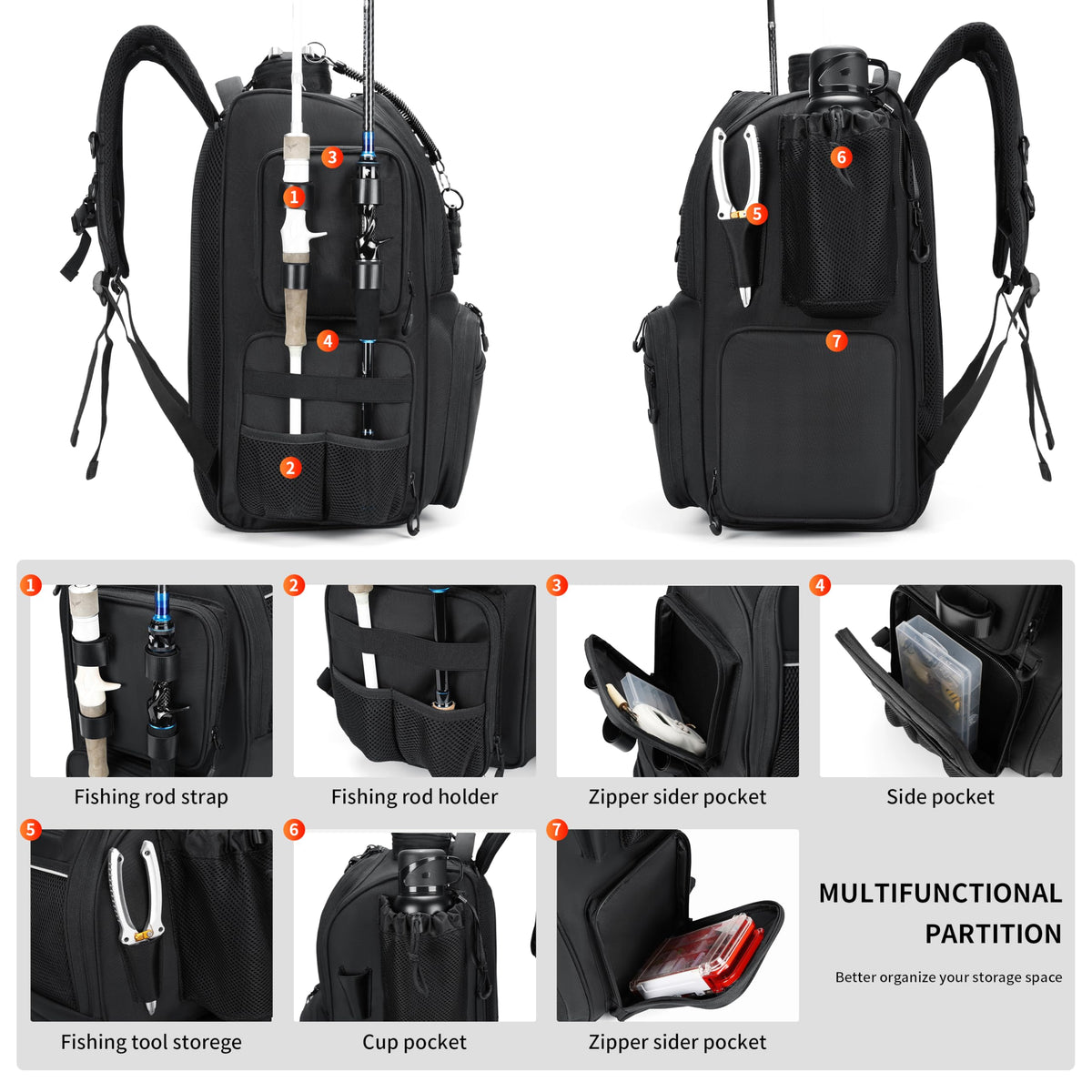 Rabjen Fishing Tackle Backpack with Rod Holders, Bottle Holder, Storage Bag Store Fishing Gear