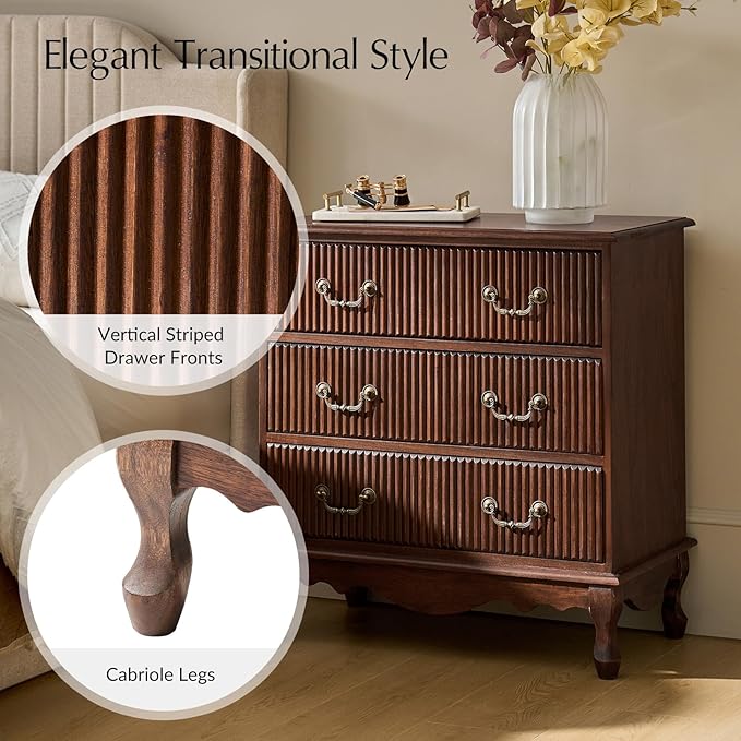 HULALA HOME Transitional Side Table with 3 Drawers and Charging Station, 28" Solid Paulownia Wood Sidetable with Vertical Stripe, Walnut