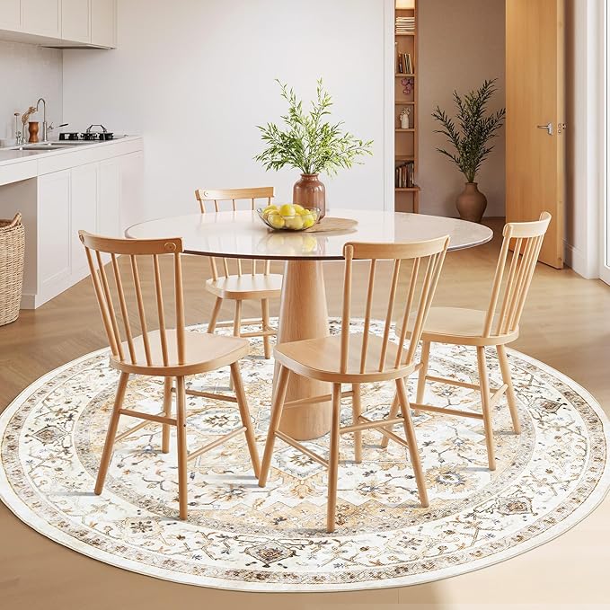 AMADA HOMEFURNISHING 5ft Round Area Rug, Low-Profile Washable 5x5 Rugs with Non-Slip Backing & Durable Edge Binding, Vintage Rug for Kitchen, Bedroom & Hallway, Beige