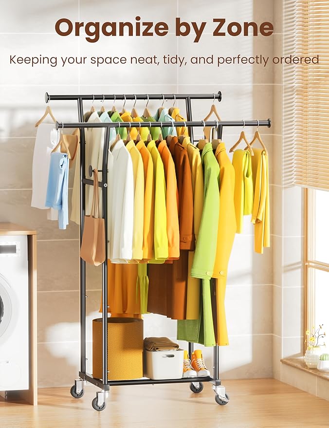Double Rods Clothes Rack, Rolling Clothing Rack with Wheels, Metal Clothing Racks for Hanging Clothes, Portable Garment Rack Sturdy Closet Rack Trending Coat Rack for Laundry Bedroom Living Room