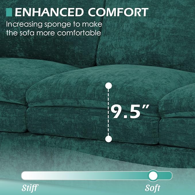 89” Chenille Sofa w/Arm Pillows, Upholstered 3-Seater Sofa w/Comfortable Back Cushions, Modern 3 Seats Couch w/High-Density Foam for Living Room, Apartment, Office, Teal