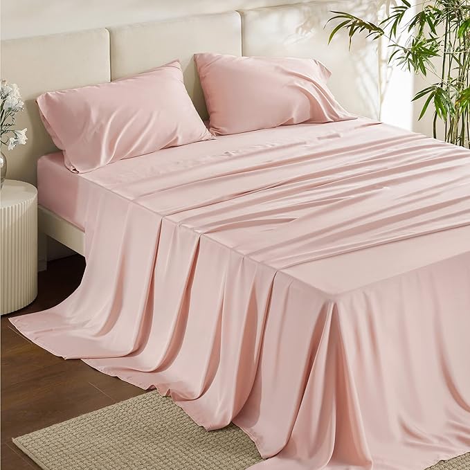Bedsure King Size Sheets Set, Cooling Sheets for Hot Sleepers, Rayon Derived from Bamboo, Breathable & Soft, Deep Pocket Up to 16 Inches, Hotel Luxury Silky Bedding, Pink