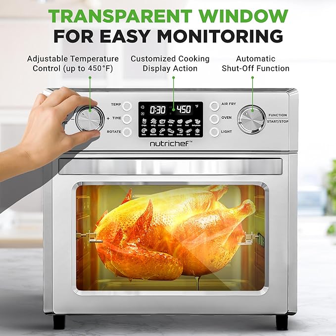 NutriChef 26QT Air Fryer Oven | Countertop Convection Toaster & Air Fryer | 360° Rotisserie Feature | 10 Digital Presets | Includes Drip Tray, Air Frying Basket & Bake Rack 15x16x14 | Stainless Steel